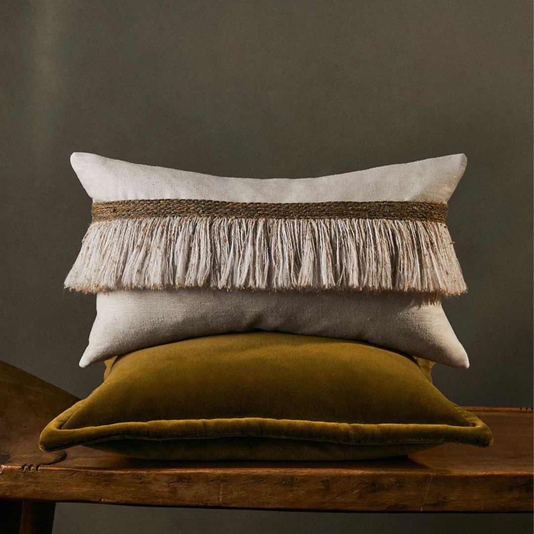 Jungle Silk Cushion with Textured Fringe - Coconut_02